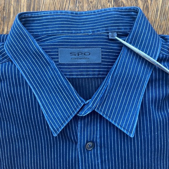Sand Copenhagen "SPO" Blue Pinstriped Button-Up Dress Shirt - Men's 18" / 46 - Picture 5 of 9